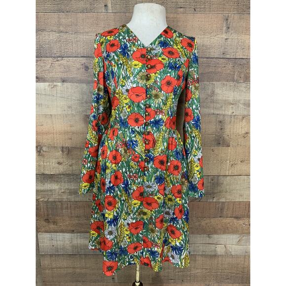 Vintage 1960’s Mod Floral Poppy Button Front Dress Size Small Hippie - Picture 2 of 13